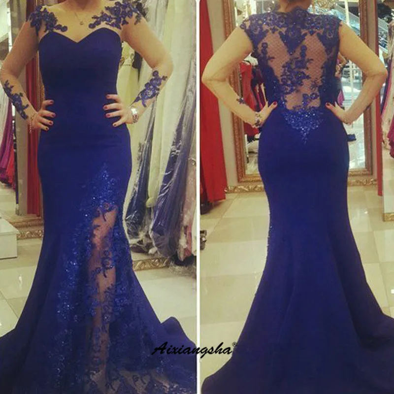 

Roual Blue Back Less Full Quartar Mermaid Sequirs Formal Evening Gown robe de soiree Lace Prom Long Elegant Dresses