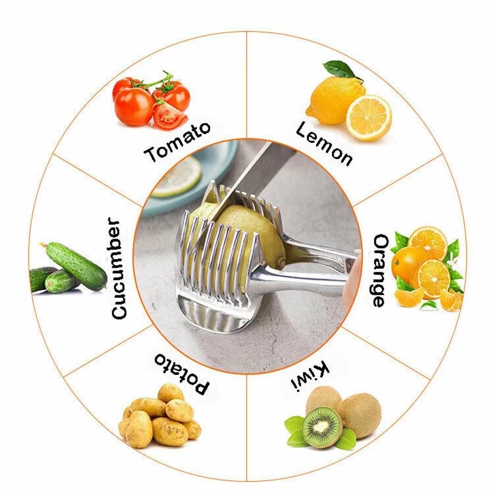 

Stainless Steel Slicer Onion Tomato Cutter Tool Chopper Potato Lemon Fruit Cutter Holder Cooking Tool