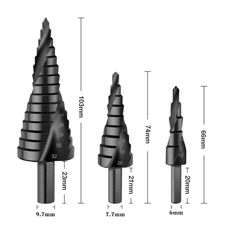 

4-12 4-20 4-32 Black nitrided spiral groove step drill bit Pagoda drill bit Step drill bit For electric drill Free shipping
