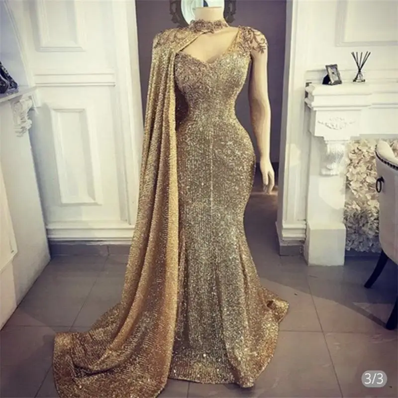 

Gold Party Dress With Detachable Wrap 2021 Glitter Design Prom Dresses Arabic Evening Gown Sequins Appliqued Robe De Soirée