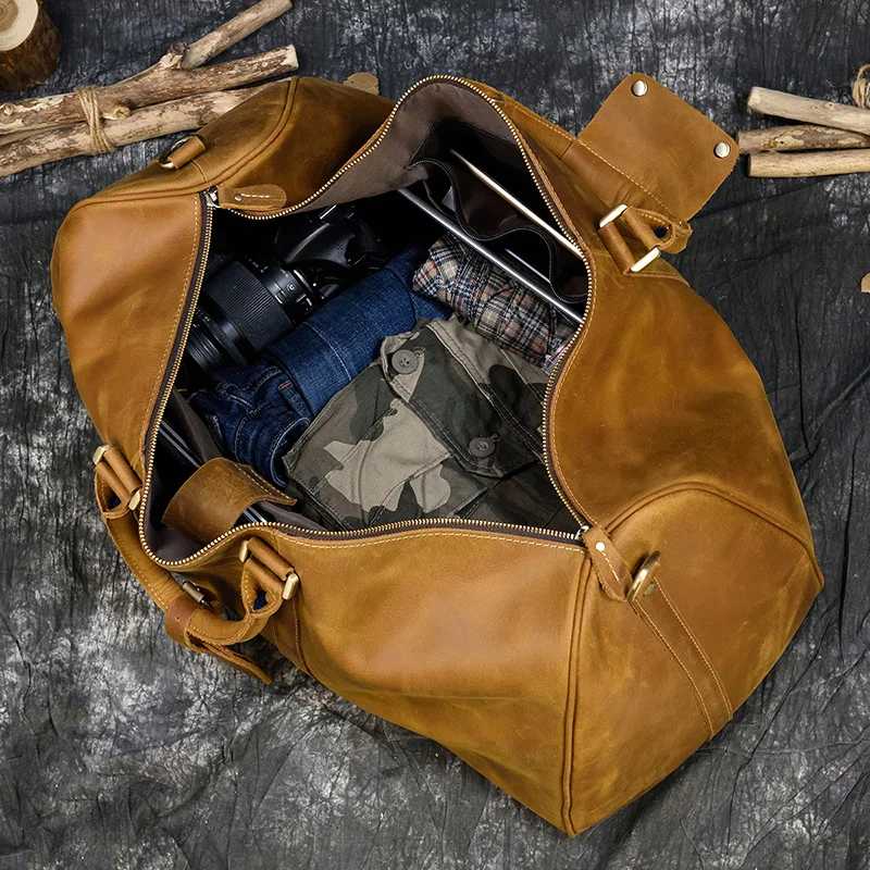 Вместительная мужская дорожная сумка из натуральной кожи прочная crazy horse большая