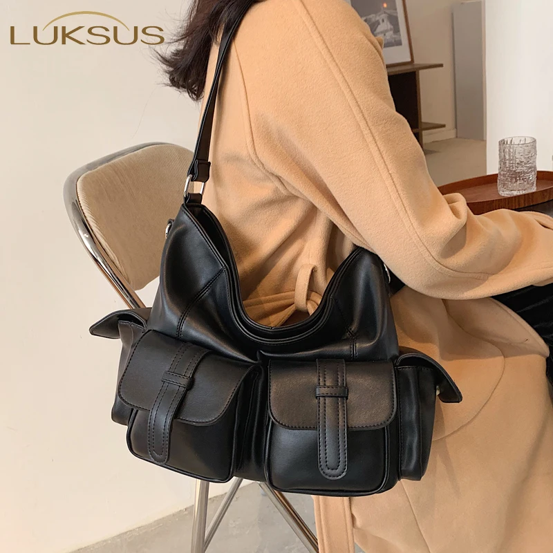 

LUKSUS Designer Ins Hot Big Capacity Shoulder Bags for Women Winter Autumn Black Brown Soft Leather Crossbody Bag bolsa feminina