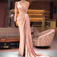 2022 mermaid evening dresses beading pleat prom gowns side split one shoulder second reception dress vestidos