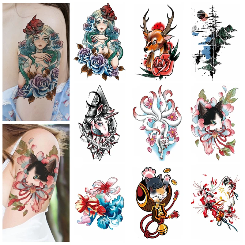 

Temporary Tattoos Women Waterproof Mountain Snake Anime Fox Unicorn Cat Big Sticker Body Scapular Cute Art Disposable Fake Tatto