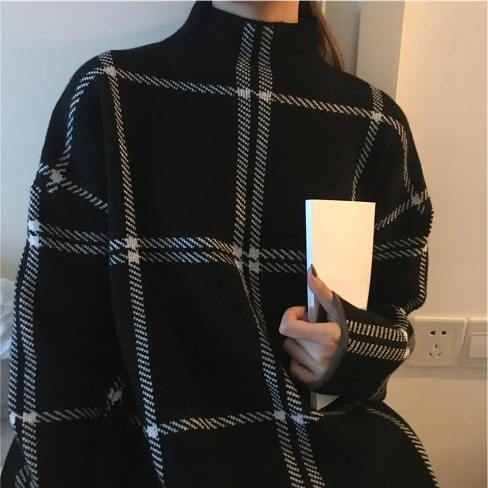 

Women Korean Plaid Sweater All-match Half High Neck Pullover Simple Loose Blouse