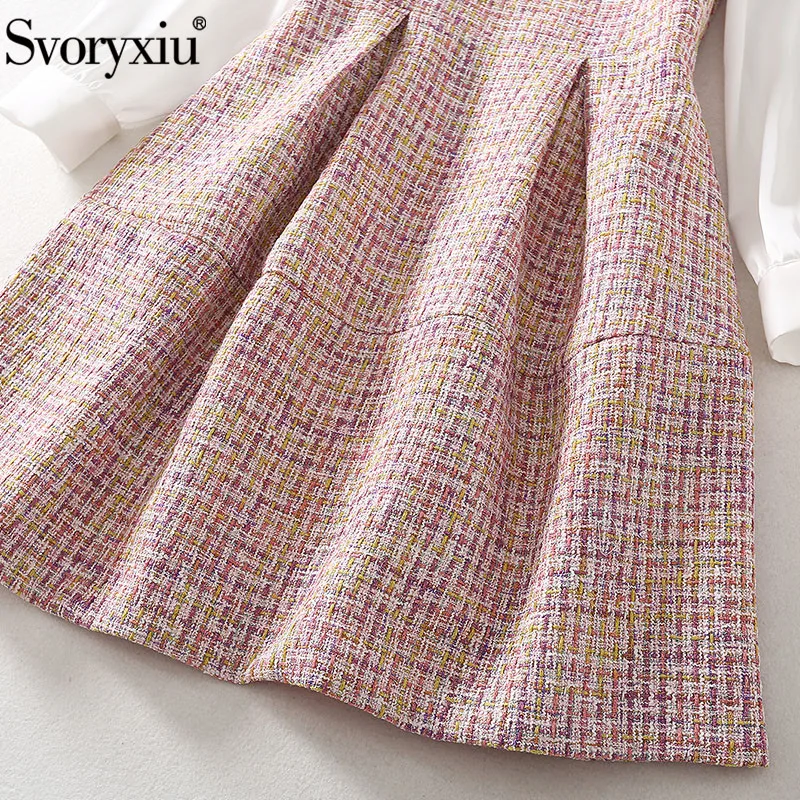 

Svoryxiu Fashion Designer Autumn Pink Tweed Patchwork White Long Sleeve Dress Women's Embroidery Turn-Down Collar Elegant Dress