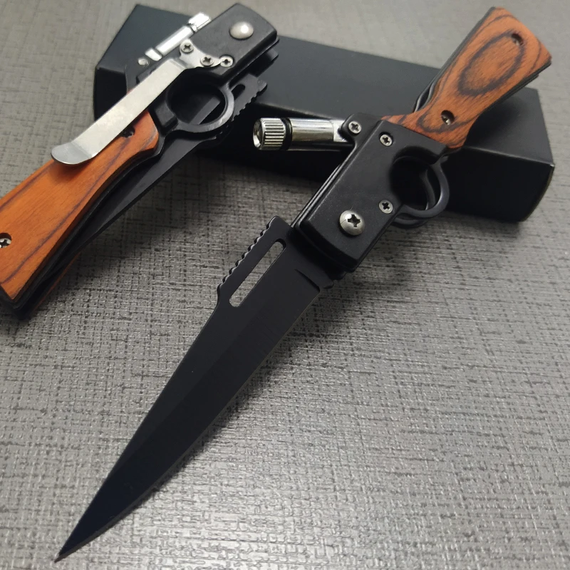 

Damascus knives outdoor tactical hunting cutte 440 blade stainless steel inlaid wood camping folding pocket knife EDC tool + LED