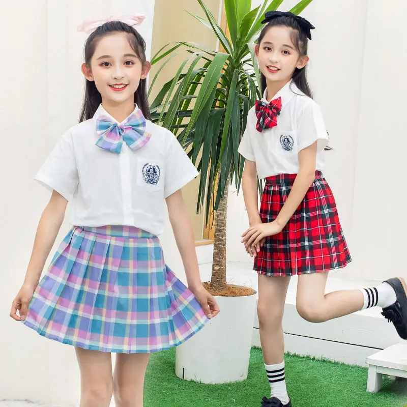 

2022, комплект одежды для девочек, белая футболка для маленьких девочек-подростков + клетчатая юбка, комплект из двух предметов для девочек, де...
