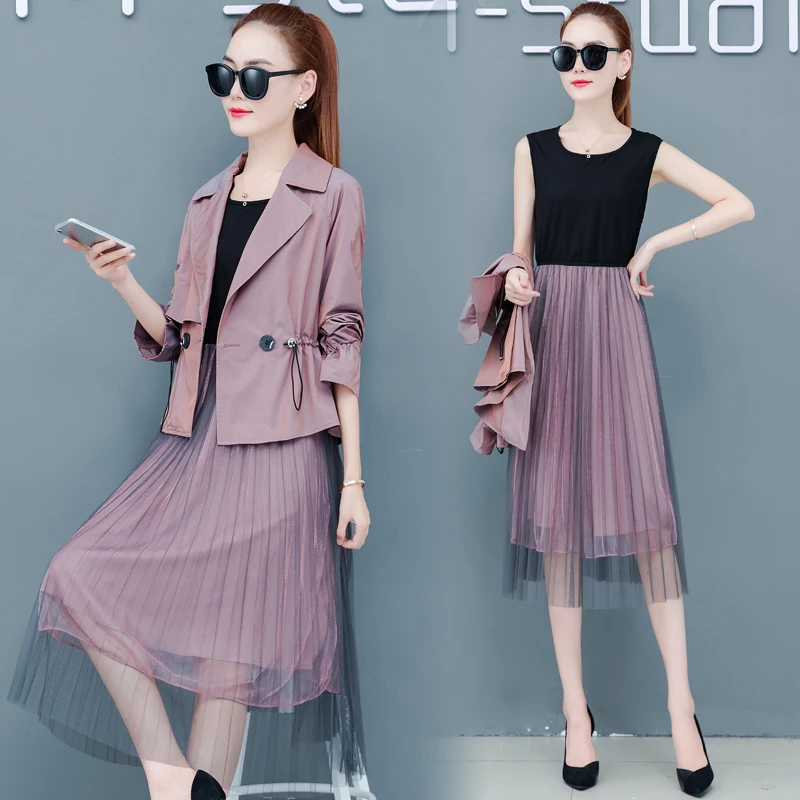 

Long Gauze Dress With Jacket Top New Design Two Pcs Clothing Set Tall Waist Dress Outfit Student Women Lady Clothes Coat Top