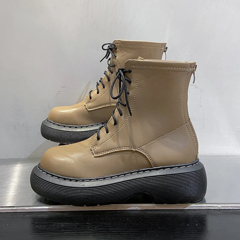 

Genuine Leather Women Platform Boots Autumn Fashion Thick Bottom Zipper Motorcycle Boots British Style Booties