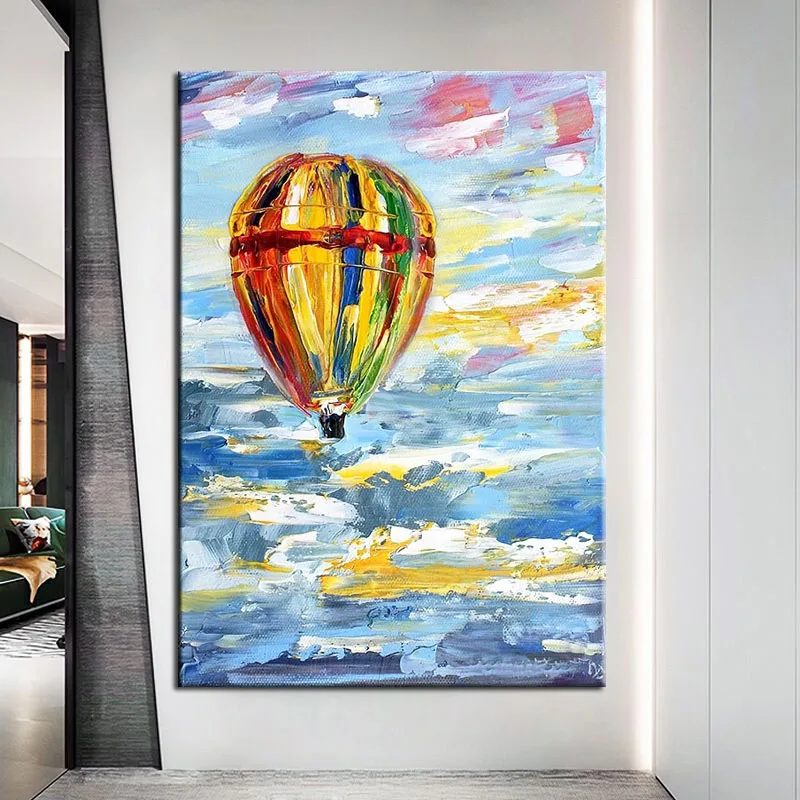 

100% Hand Painted Oil Paintings Simple Modern Colorful Hot Air Balloon Abstract Canvas Wall Art for Living Room Large Size