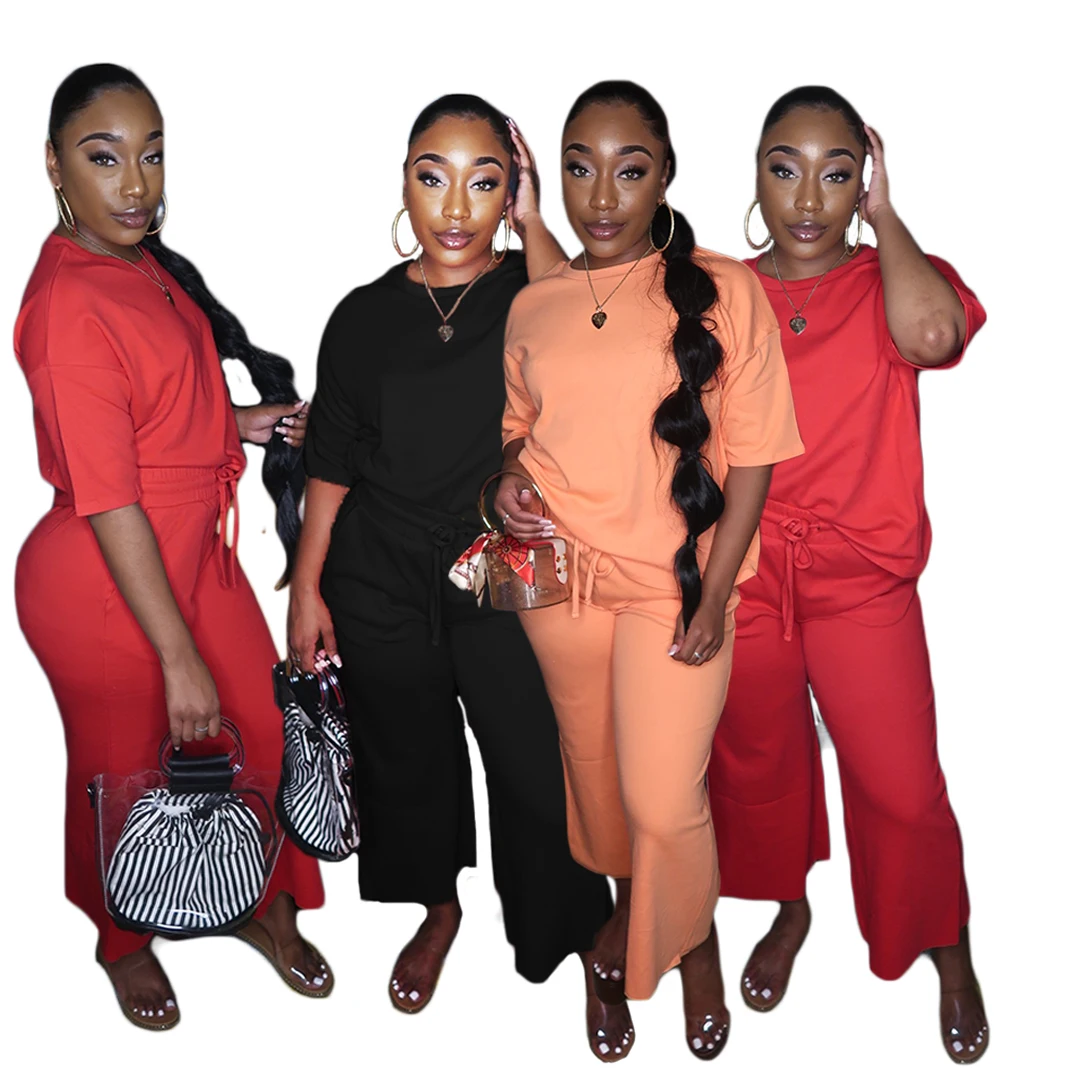 

Брюки и футболка женские с коротким рукавом, повседневный комплект из 2 предметов, свободные штаны с широкими штанинами, однотонная одежда