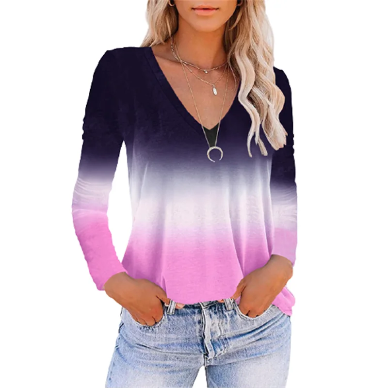 

Gradient Print Women T shirt Basic Long Sleeve V-neck Loose Tee Shirts Tops Streetwear Casual T shirts Autumn Clothing 2021 New