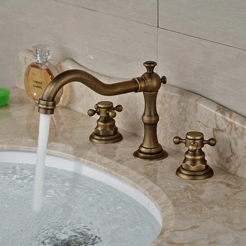 Античный латунный Смеситель для раковины с двумя поперечными ручками 3