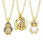 FLOLA медный CZ животные Пингвин медальон в виде медведя ожерелье белый камень жемчуг золотая цепочка ожерелье ювелирные изделия для женщин nkey08
