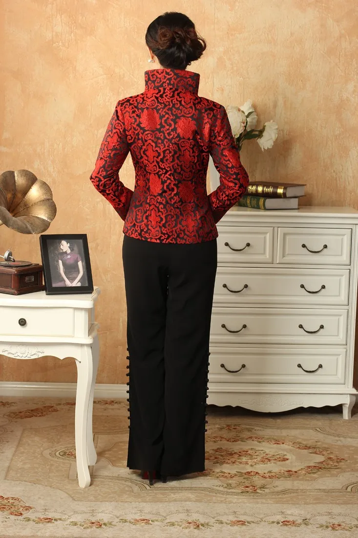 Черно-красный женский Шелковый Атласный жакет в традиционном китайском стиле