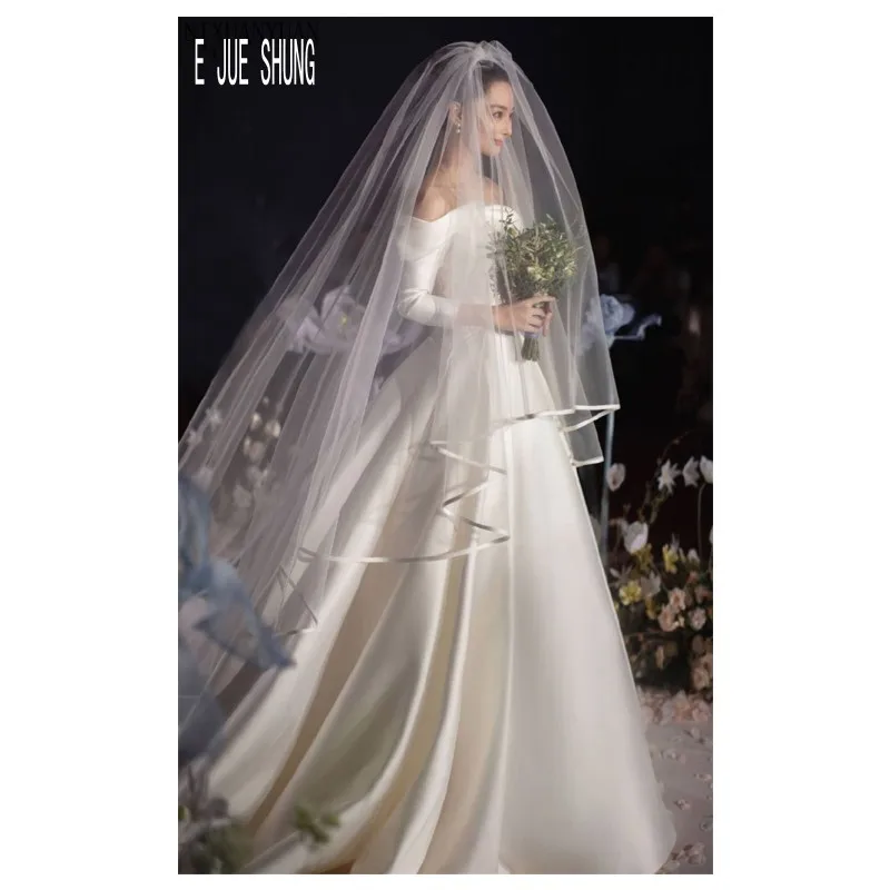 

Двухслойная свадебная фата E JUE SHUNG, Длинная свадебная вуаль с лентой и краем, Белый/цвет слоновой кости, аксессуары для невесты