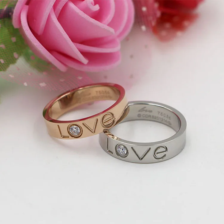

LOVE letter single diamond ring Fashion couple index finger Titanium rose gold diamond ring