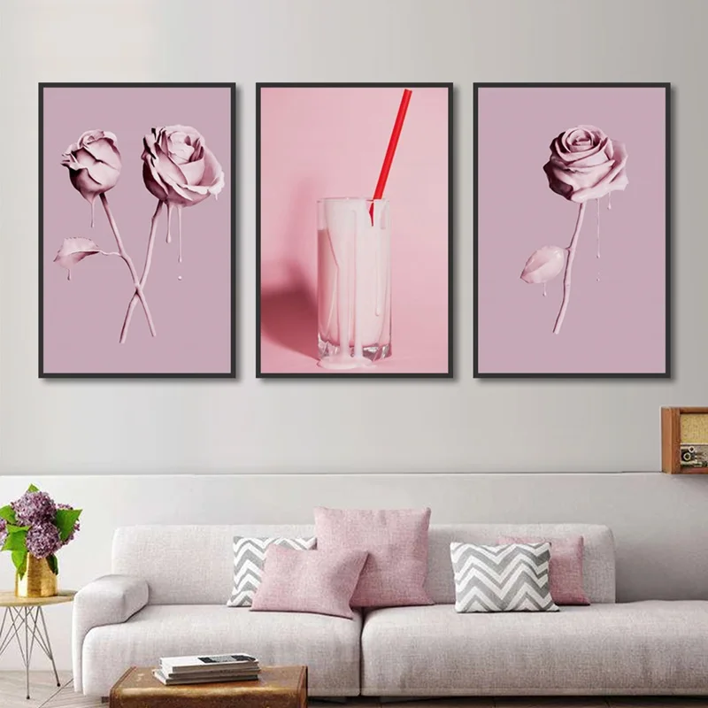 

Pink Rose Drink Pink Background Canvas Painting Print Picture Modern Decorative Bedroom Living Room Home Wall Art Decor
