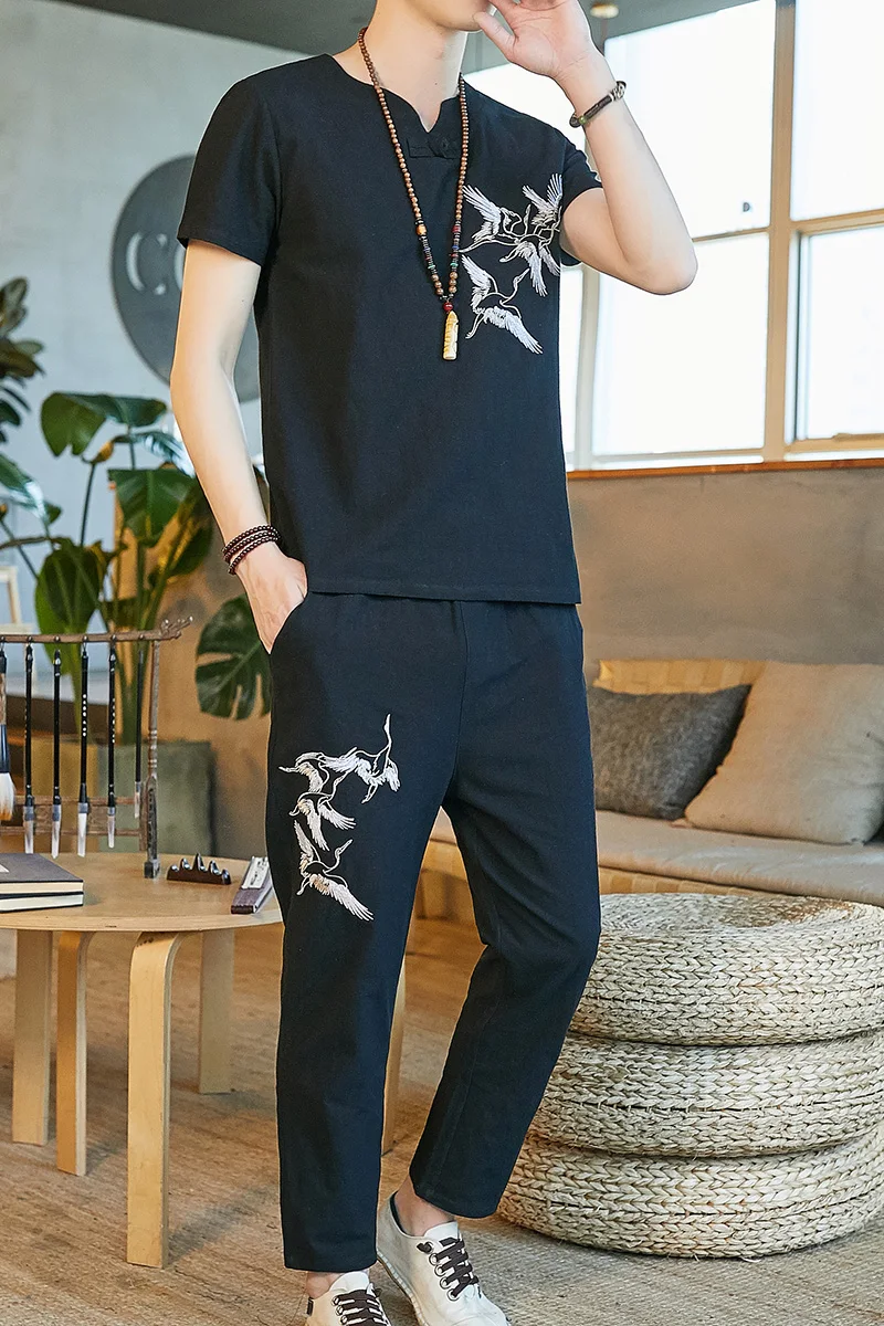 

2021 New Cotton and Linen Men Set Short-Sleeved+Trousers Embroidery Crane Casual Two-Piece Men's Tracksuit 4 Color M-5XL TZ903