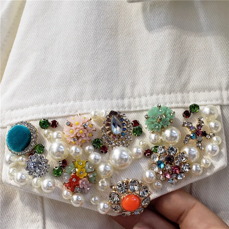

2021 Spring New Sweet All-Match Colorful Diamond Denim Coat Ladies Fashion White Loose Long Sleeve Denim Jacket for Women