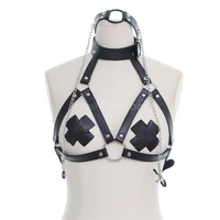gothic cool couple pu leather choker collar with nipple breast clamp clip chain bdsm bra harness chest strap accessories