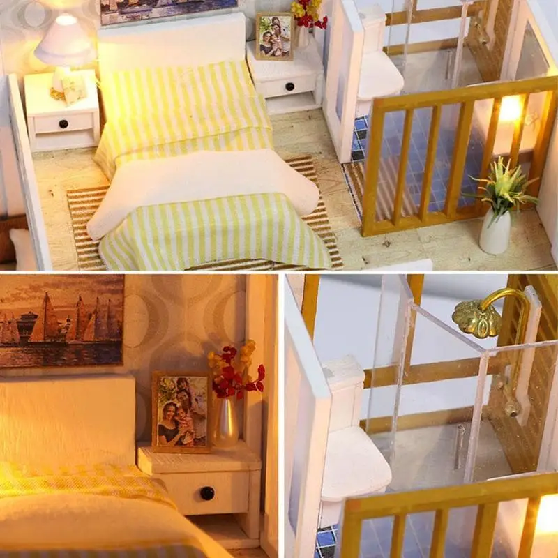 

Mini DIY Wooden House Miniature Doll House Furniture Model LED Assembled Toys Light with Model House DIY Kit Doll Manually G9C6
