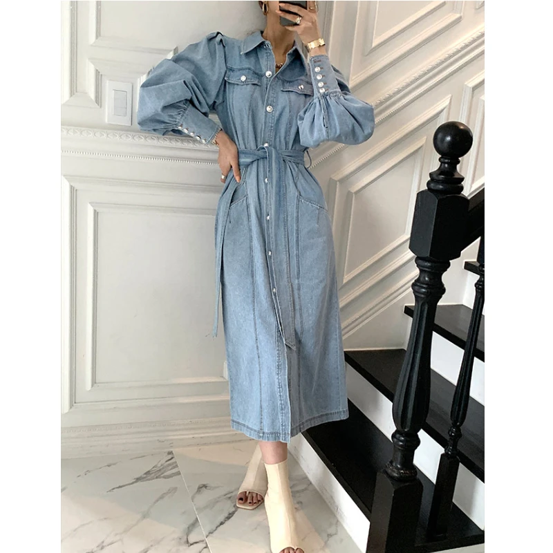 

Spring Denim Dress Women Turn-Down Collar Button Up Bandage Female Long Sleeve Korean Midi Robe Vintage Dress Casual Loose