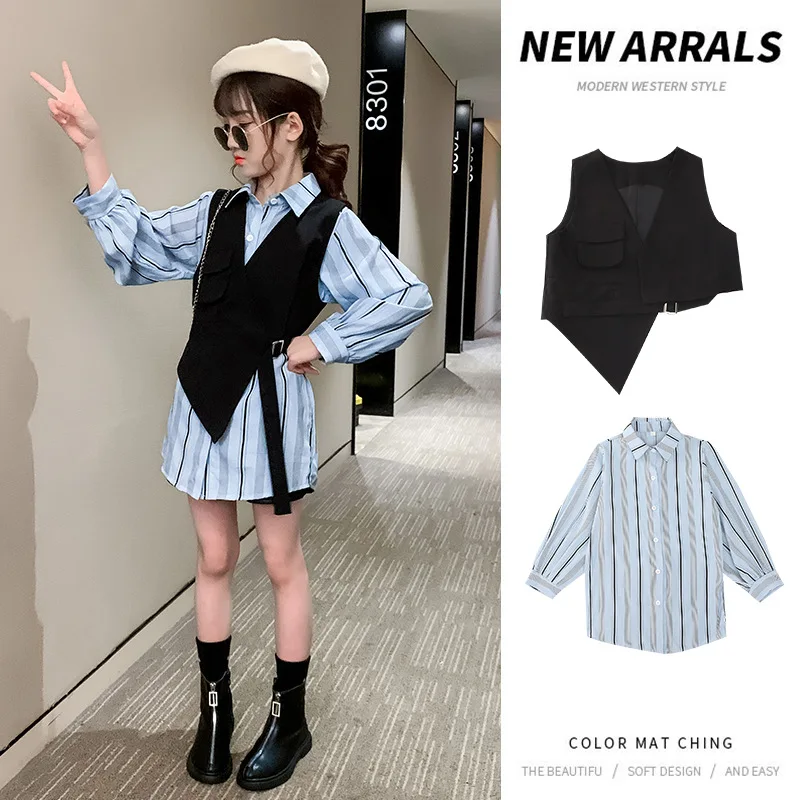

2021 girls suit spring and autumn striped shirt vest fashion two-piece mid-length shirt vest