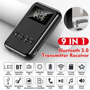 9 in 1 bluetooth 5 0 audio transmitter receiver stereo music wireless adapter 3 5mm aux jack fm transmitter for car tv mp3 pc free global shipping