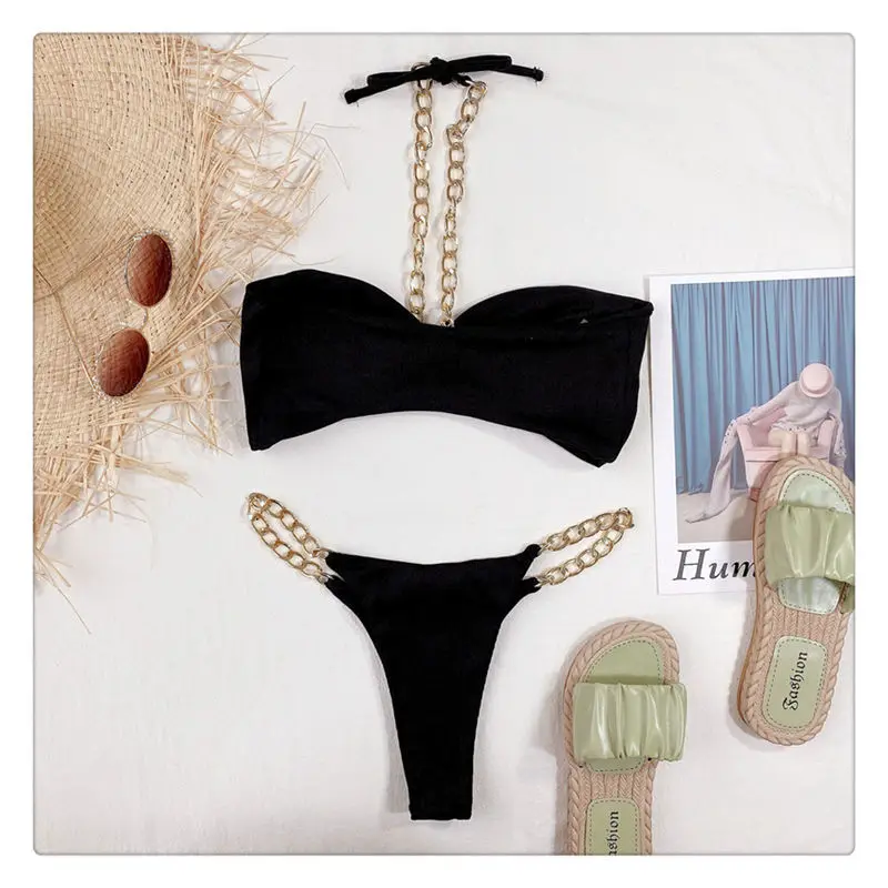 

2021 Summer New Sexy Two Piece Women Bikini Swimsuit Swimwear Bra Beach Wear Halter Chain