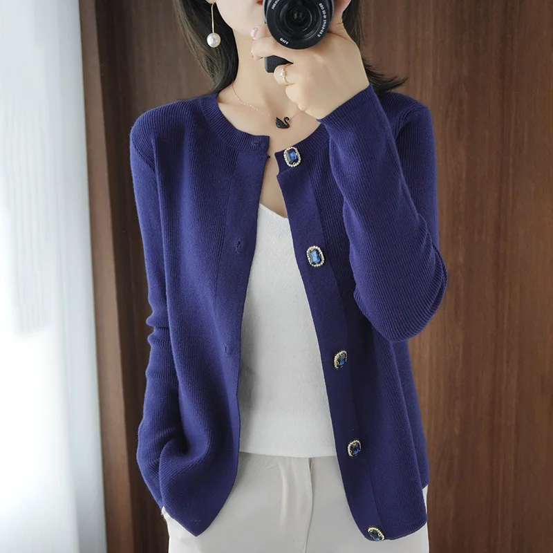 

2021 Autumn Winter New Wool Knit Cardigan Women Round Neck Korean Diamond Button Wild Jacket Blended Loose Base Sweater Warm Top