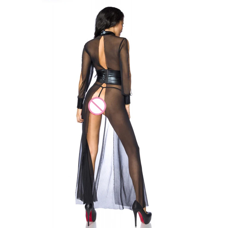 

Dark perfume Women's Sexy Perspective Dress Erotic Back Hollow Costume Spandex Long Skirt Suit Black Net Yarn Lace One Size