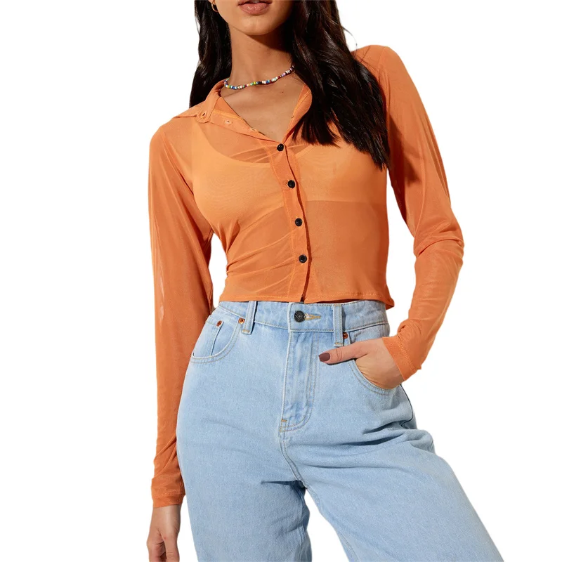 

2021 New Female Shirt Summer Solid Color Turn-Down Collar Long Sleeve See-Through Tops for Adults S/M/L