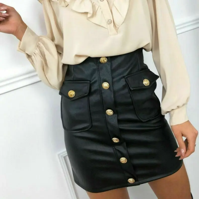 

Sexy Women PU Leather High Waist Mini Skirt Bodycon Pencil Short Skirt Clubwear Party Buttons Pockets Balck Summer Women Skirt
