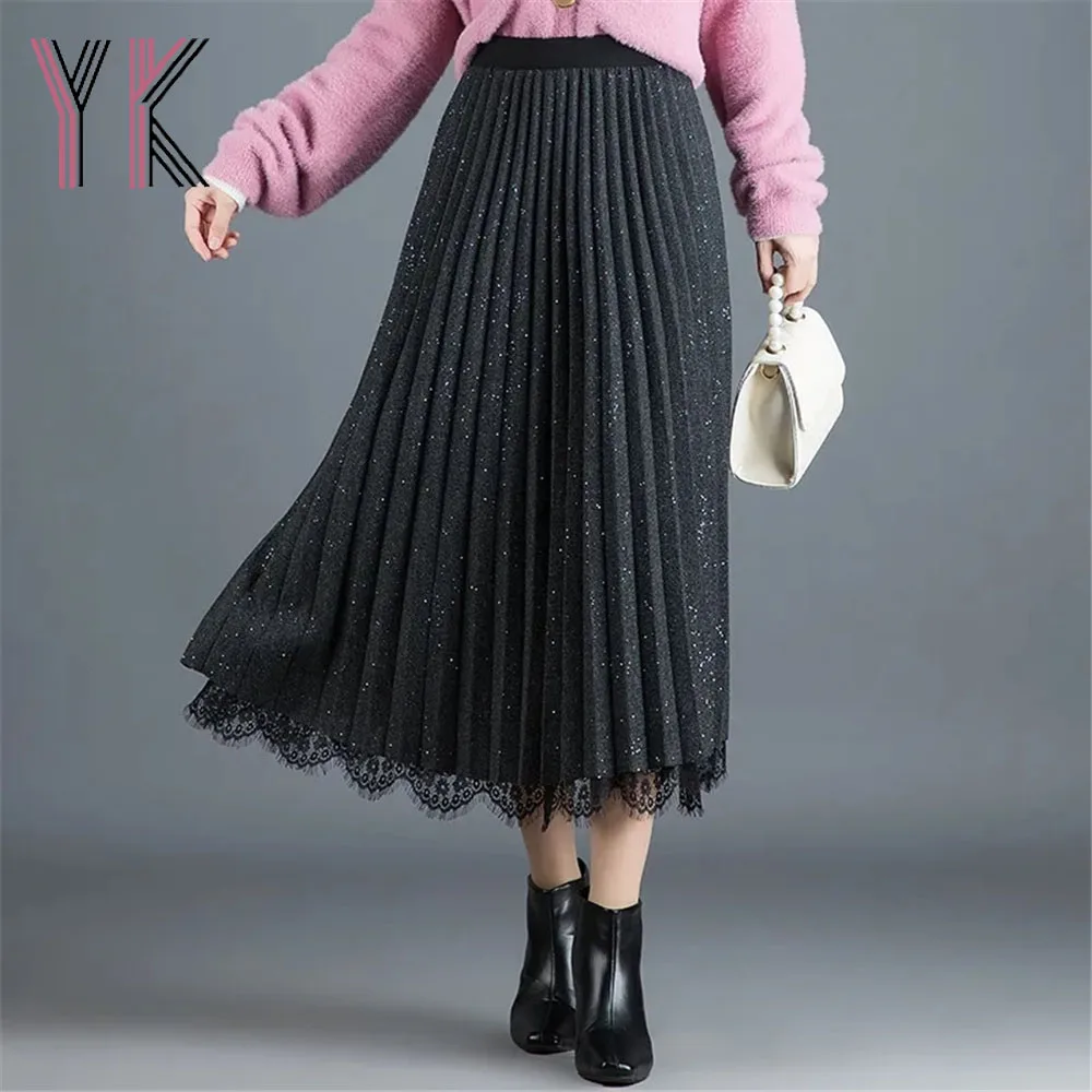 

Both Sides Wear Pleated Lace Hem Stitching Mesh High Waist Midi Skirts Loose Elastic Band Sukienka Elegant Shiny Fairycore Saia