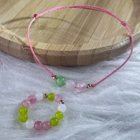 girl pink jewelry set summer green agate natural stones rings handmade wax cord bracelets women aesthetic accessories gifts