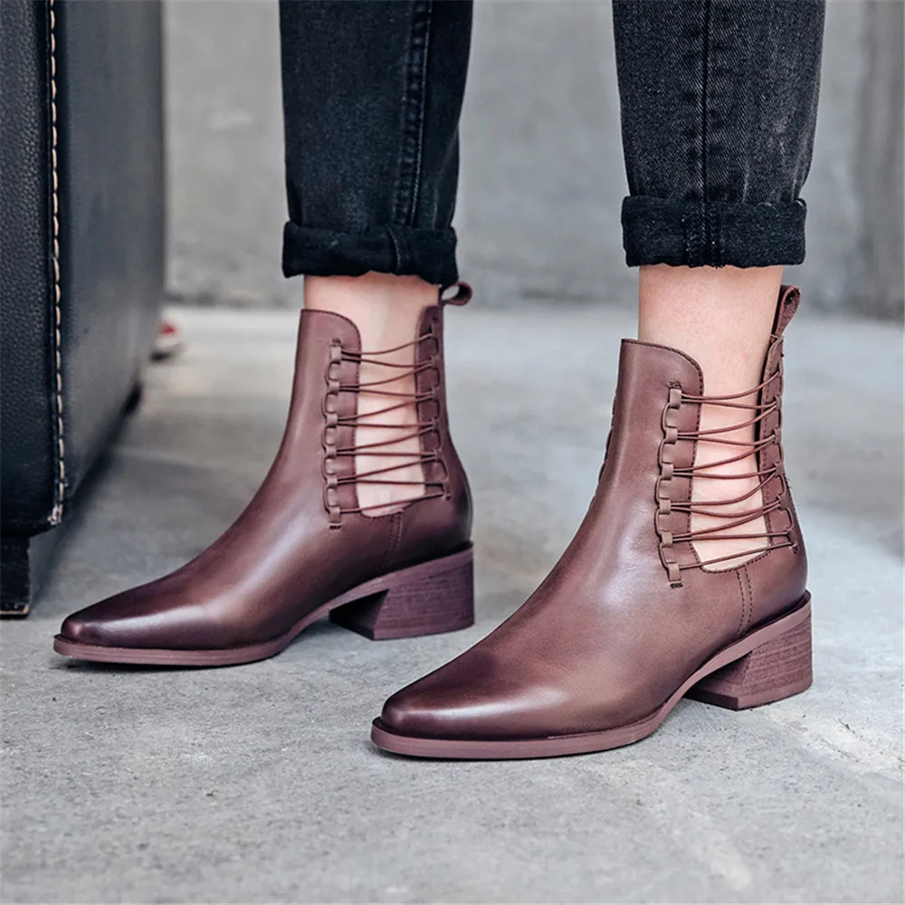 

Drestrive Women Ankle Boots Genuine Leather 2020 Spring Thick Heels Cross-Tied Pointed Toe Female Ankle Boots Cow Leather Black