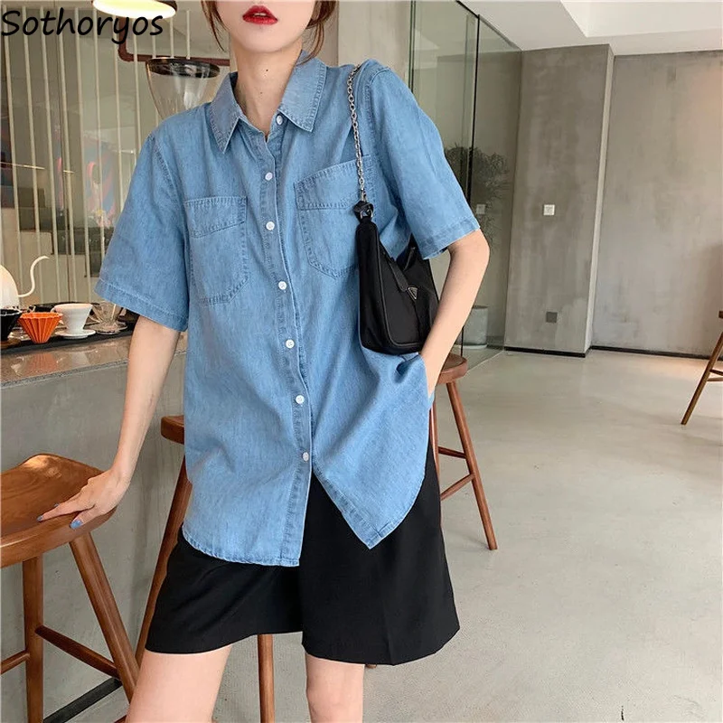 

Women Short Sleeve Shirts Denim Fashionable Streetwear Elegant Gentle Temperament Simple Daily Leisure Students All-match Retro