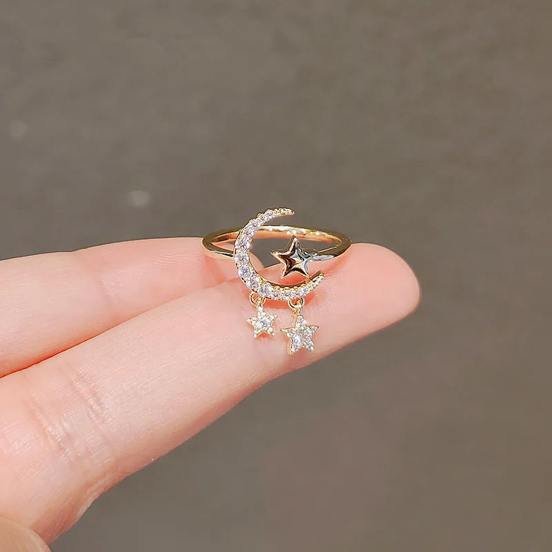 

New Design Rings for Women Minimalism Moon and Star Opening Zircon Trend Rings Gold Silver Color Stainless Steel Jewelry Gift