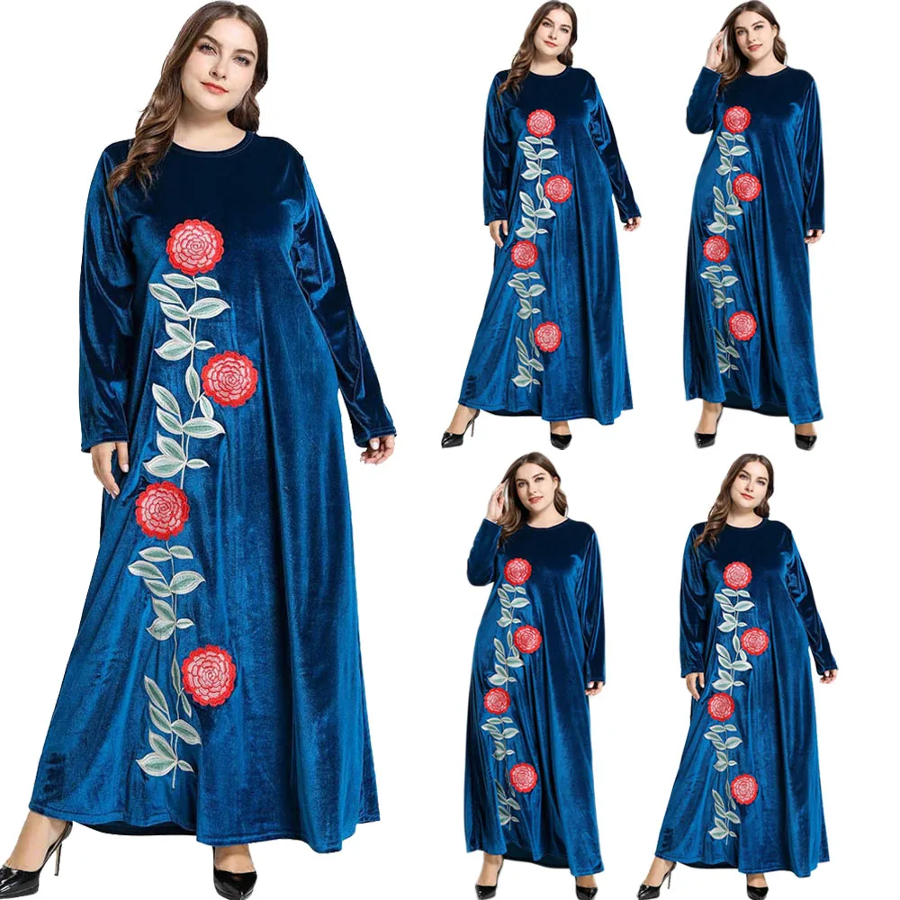 Средневосточный Рамадан, мусульманское бархатное длинное платье с вышивкой, Дубайский кафтан, свободная абайя, Исламская Арабская, с кругл...