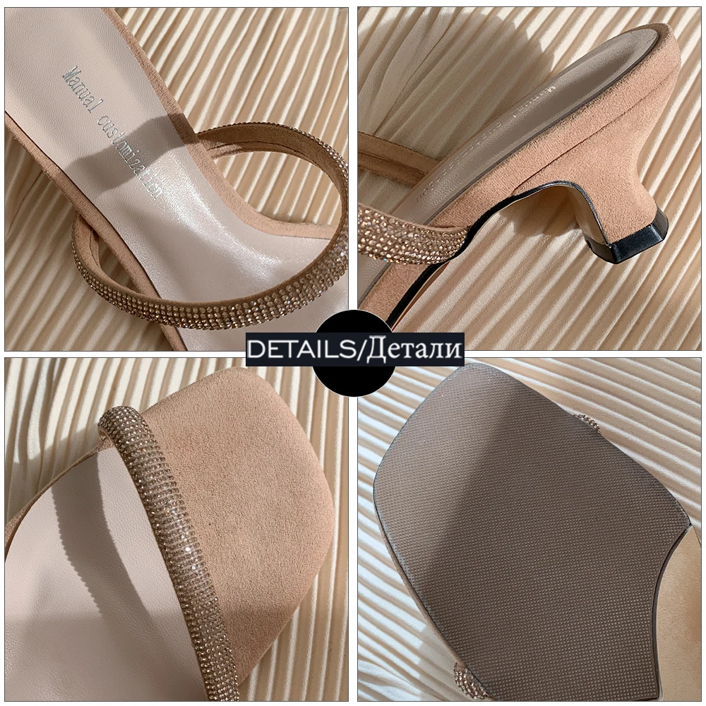 

ISNOM Bling Bling Crystal Strap Slippers Women Summer Shoes Woman Slides Kitten Med Heels Sandal Ladies Fashion Dress Shoes