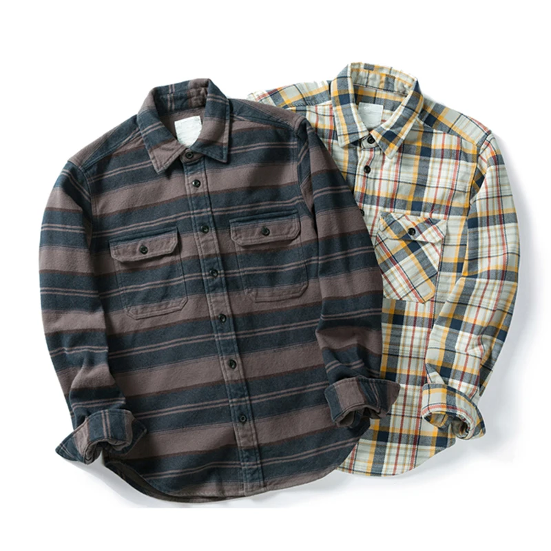 

100% Cotton Heavyweight Retro Vintage Spring Autumn Winter Long Sleeve Buffalo Plaid Flannel Shirt Jacket for Men