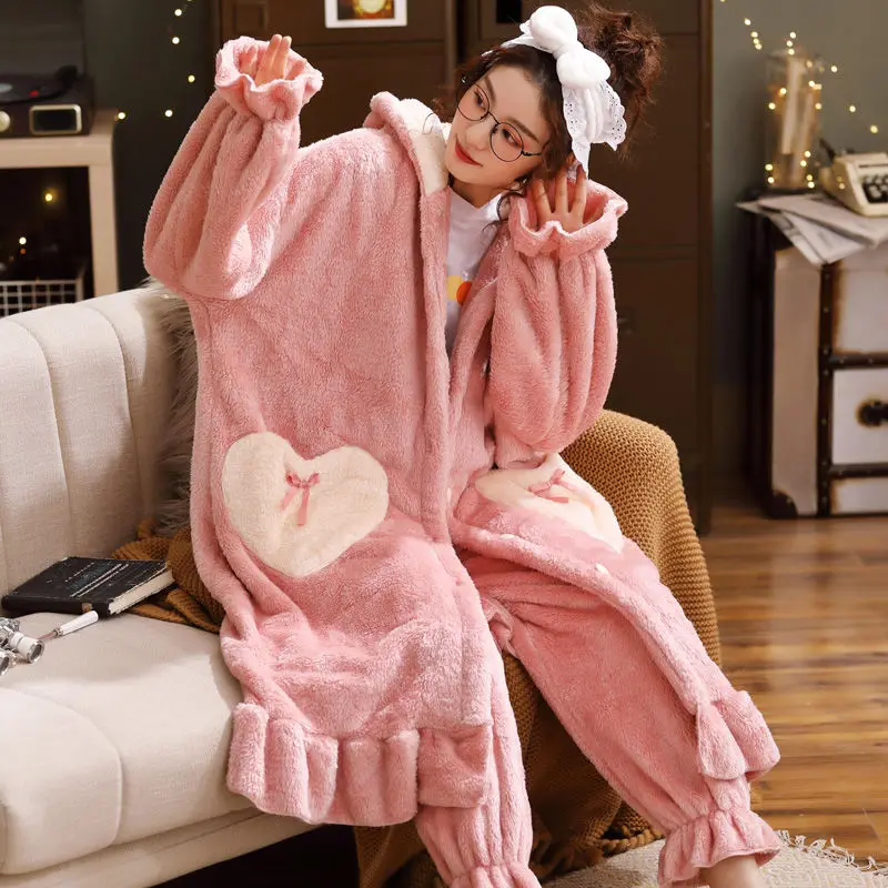 Autumn and Winter Robe Female Thickened Models Coral Fleece Pajamas Female Suit Home Wear Plus Velvet Facecloth Warm Sleepwear