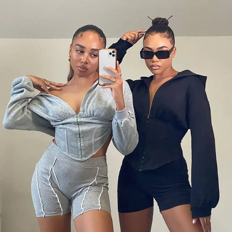 

Women Hoodies Casual V-Neck Fashion New Long Sleeve Zipper Sporty High Street England Femme Slim short Top Sweatshirts