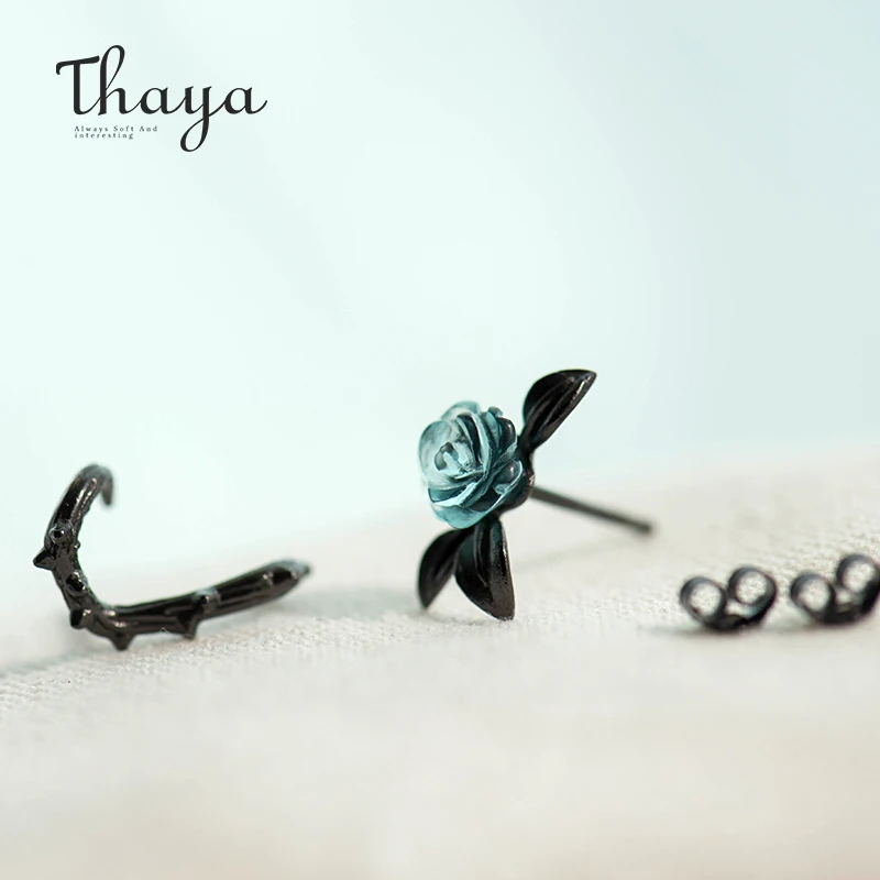 Thaya s925 Серебряные серьги-гвоздики с синими кристаллами и розой для женщин, асимметричные серьги в виде цветка, Женские Ювелирные изделия, подарок