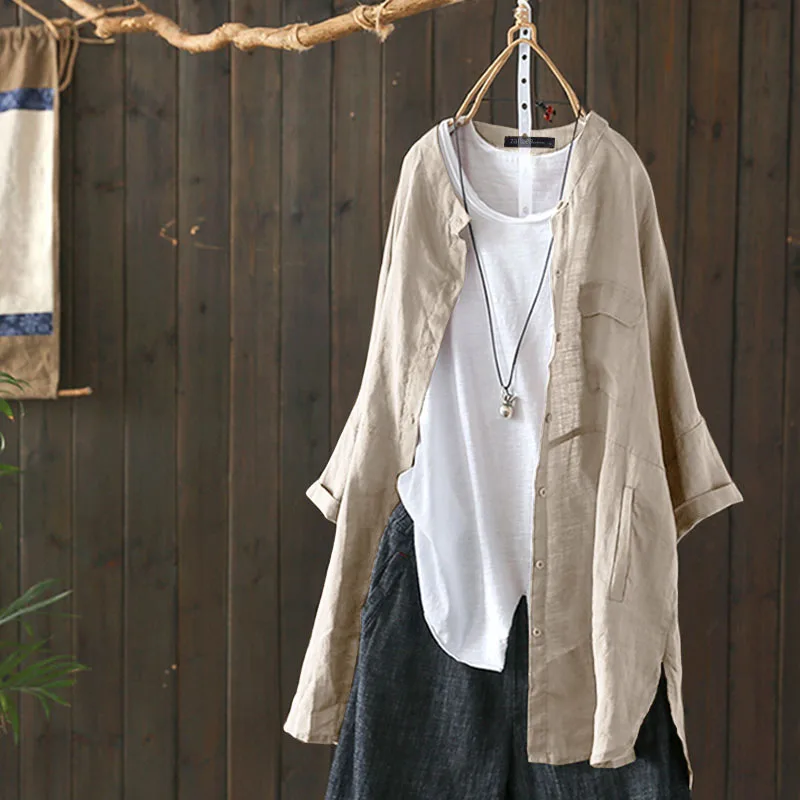 2021 осенние однотонные футболки леггинсы ZANZEA в винтажном стиле Из хлопка и льна