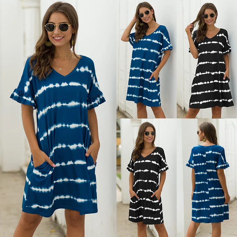 

Summer dress 2021 tie dye dress short sleeve Pocket dress Plus size dress casual loose dress preppy style Knee-Length dresses