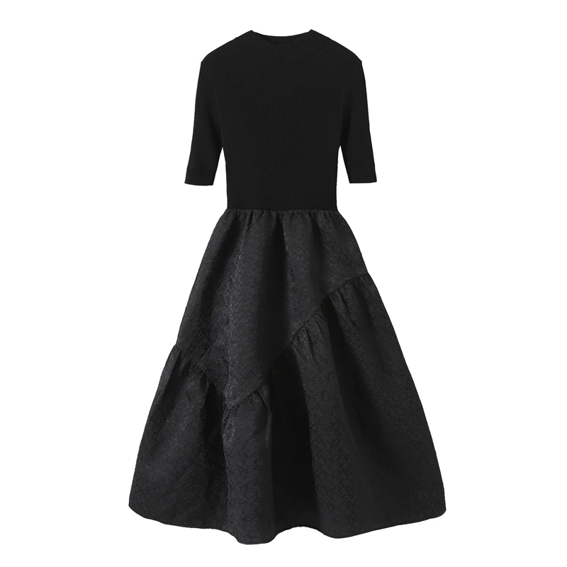 

COIGARSAM Beach Style Vintage Patchwork Women Long dress New Knitting High Waist Dresses Black 3025