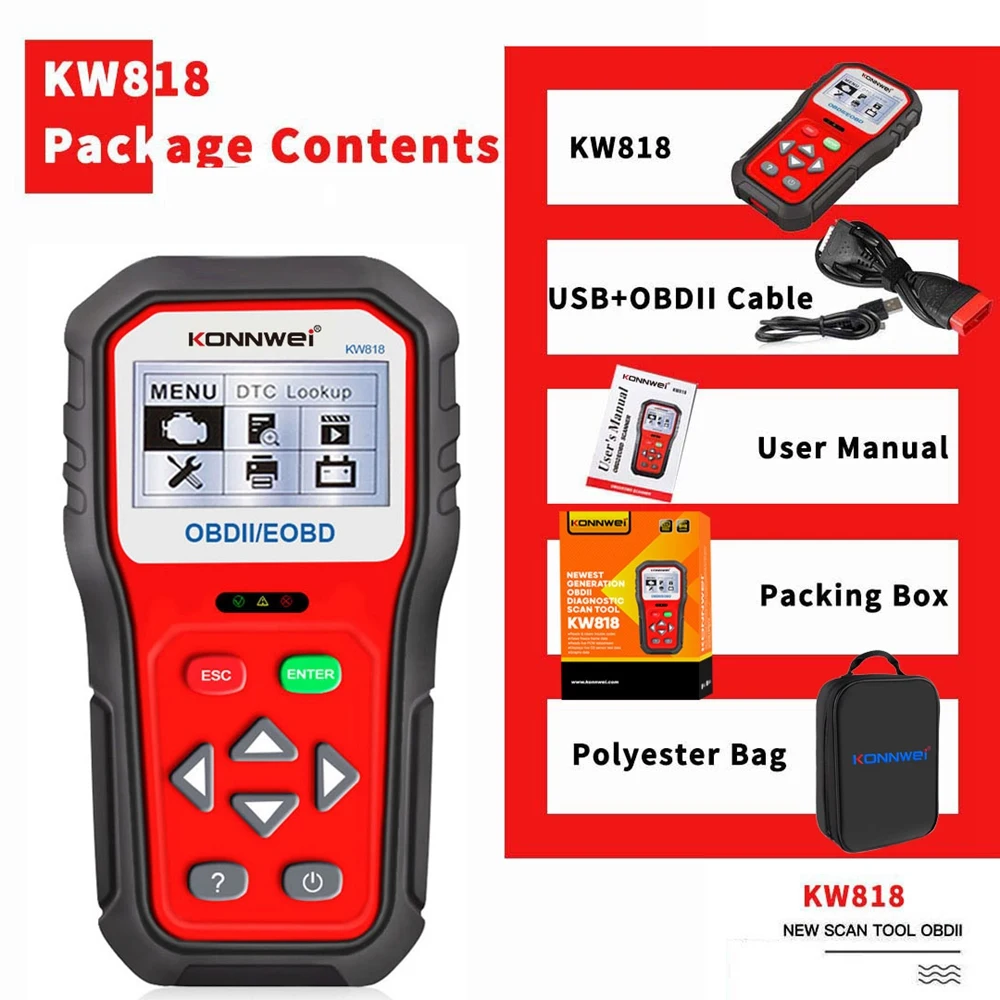 

KW818 Enhanced OBDII ODB2 EOBD Car Diagnostic Scanner 12V Battery Tester Check Engine Engine Automotive Code Reader Tool